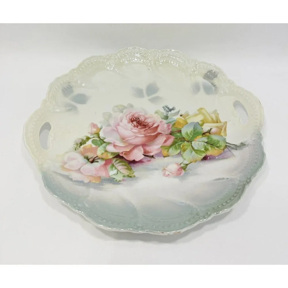 Vintage Leuchtenburg Germany PINK ROSES Cake Plate 9.25” Chic Cottagecore Handle